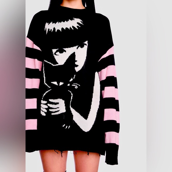 Dolls Kill Sweaters - Dolls Kill Emily The Strange Brooding Besties Stripe Knit Sweater Pink Black Cat